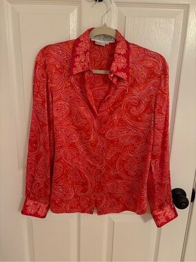 Starington 100% Silk Red Paisley Button-Up Blouse